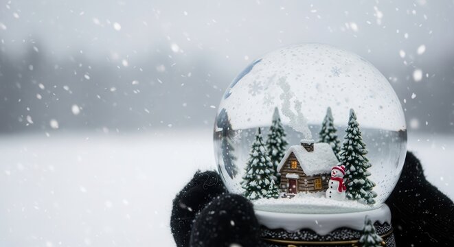 Snowy cabin scene inside a winter snow globe.