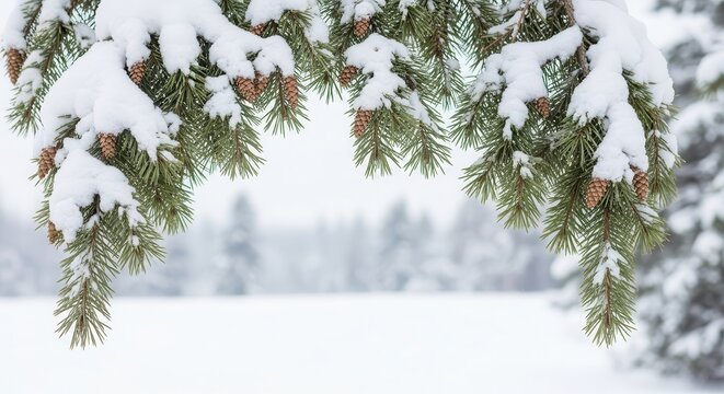 Snow-covered pine branches in a winter landscape