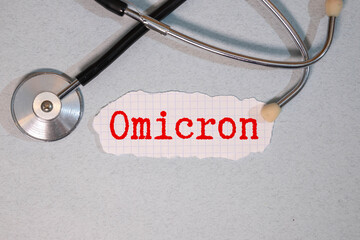 medical mask with Omicron written on a blue background.