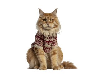 Adorable Maine Coon cat wearing a festive Fair Isle Christmas sweater, isolated on black. Ideal for cozy winter holiday greeting cards, seasonal pet designs, and marketing promotions.