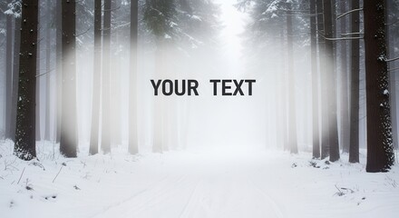 Misty winter forest with tall trees and snow cover.