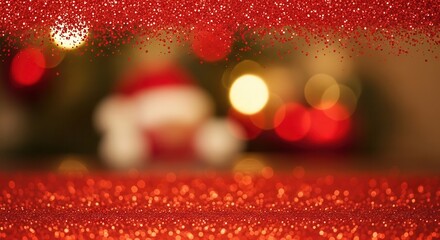 Festive red glitter and bokeh create a warm holiday scene.