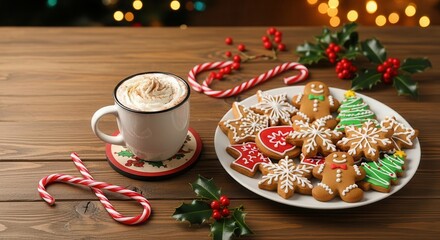 Festive cookies and hot chocolate on a wooden table.