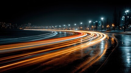 Nighttime Light Trails on Wet Road with City Lights in Background