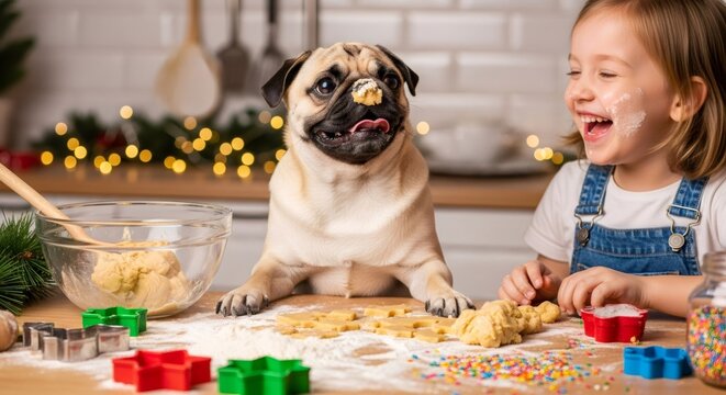 Little girl and funny pug dog baking Christmas cookies together at home. Happy family preparing holiday sweets in kitchen. Joyful festive activity. - Powered by Adobe