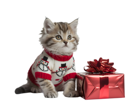 Adorable fluffy kitten wearing a festive Christmas sweater with snowman design, sitting beside a shiny red gift box. Perfect for holiday greetings, pet-themed celebrations, and winter joy.