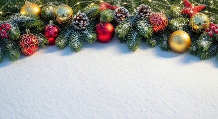 Festive Christmas ornaments on snowy evergreen branches.