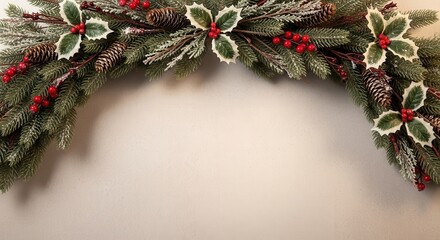 Festive holiday wreath with pine cones and red berries.