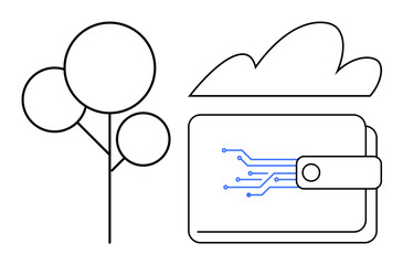 Wallet with circuit design next to a tree and cloud, symbolizing tech, finance, and eco-sustainability. Ideal for finance, innovation, eco-friendly tech, digital storage, online banking