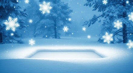 Serene winter scene with glowing snowflakes.