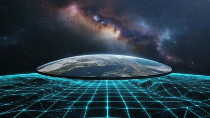 Flat earth concept with digital grid and milky way background representing conspiracy theories and alternative science in a modern and visually striking manner