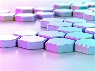 A repeating pattern of iridescent hexagonal shapes with soft pink and blue lighting.