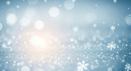 Fototapeta premium Abstract blue winter background with falling snowflakes and sparkling glitter. Bright bokeh and light for Christmas and New Year holiday.