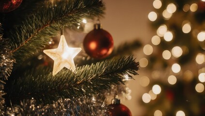 Festive Christmas Tree Decorations with Star and Baubles.