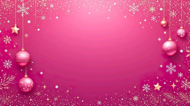 Minimalist pink Christmas gradient background with metallic ornaments framing copyspace