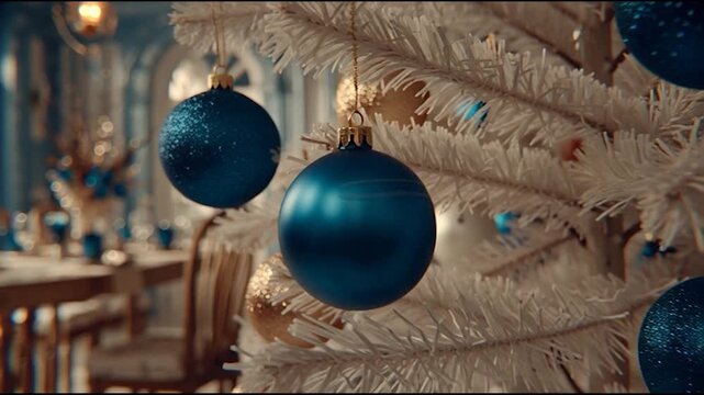 Elegant Christmas dinner setting with sparkling blue and gold ornaments creating a festive, luxurious, and joyous atmosphere for holiday celebrations