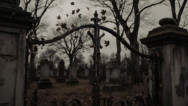 Gloomy Cemetery Entrance with Iron Gate and Bare Trees.