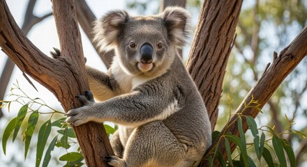 Naklejka premium Koala in Eucalyptus Tree: A charming koala perches comfortably amidst the branches of an eucalyptus tree, embodying the serenity of the Australian outback. The scene is illuminated by natural light