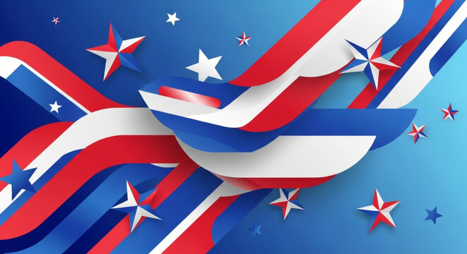 Dynamic patriotic abstract background with flowing red, white, and blue stripes and stars, symbolizing national pride and celebration