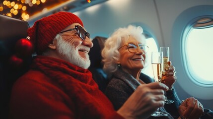 Elderly couple celebrating in an airplane. The man has a white beard and wears a red hat and scarf. The woman has white hair and wears glasses. Both hold champagne glasses.