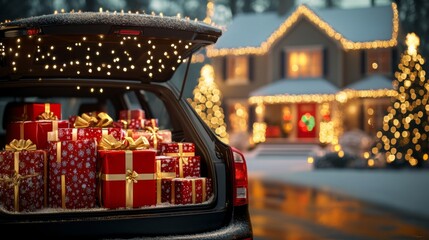 A car trunk filled with colorful wrapped gifts is parked in front of a beautifully decorated house with Christmas lights and a snowy landscape.
