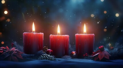 Three red candles with flames on a dark background. Surrounding elements include pine cones and festive decorations. Soft bokeh lights create a warm atmosphere.