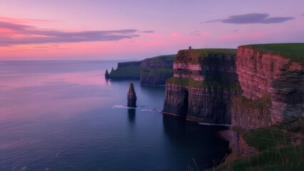 Coastal cliffs and sea stack at sunset