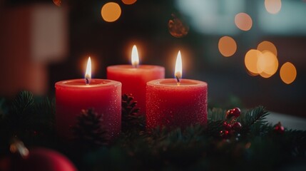 Three red candles with flames on a green wreath. Soft bokeh lights in the background create a warm, festive atmosphere. Ideal for holiday themes.