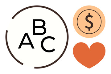 Bold letters A, B, C in a circular outline, coin with dollar sign, and heart shape. Ideal for education, money, love goals motivation creativity or design. Simple flat metaphor