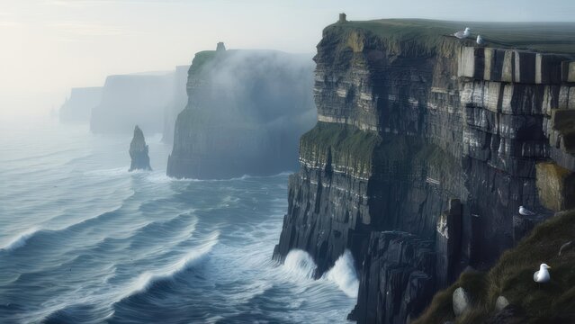 Coastal cliffs with ocean waves and seabirds