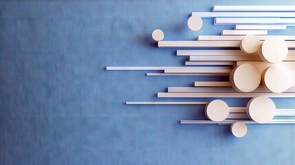 A dynamic arrangement of beige circles and white bars creates an abstract pattern on a textured blue surface.