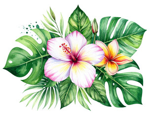 Vibrant watercolor tropical floral bouquet with exotic green leaf, hibiscus and plumeria flower isolated on transparent background