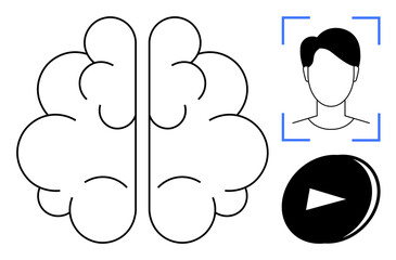 Brain outline, scanned face in recognition frame, play button for multimedia interaction. Ideal for AI, neuroscience, biometrics, cognitive science, technology innovation user interface. Simple