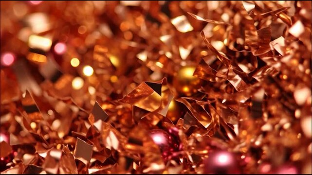 Sparkling confetti and ornaments create a festive holiday mood for celebrations, parties and joyful occasions with copper and gold accents