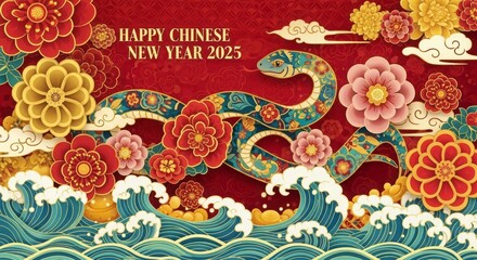 Chinese New Year Celebration 2025: A vibrant design for the Chinese New Year 2025, celebrating the year of the snake with colorful paper cut elements and festive decorations.