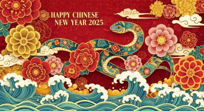Chinese New Year Celebration 2025: A vibrant design for the Chinese New Year 2025, celebrating the year of the snake with colorful paper cut elements and festive decorations.