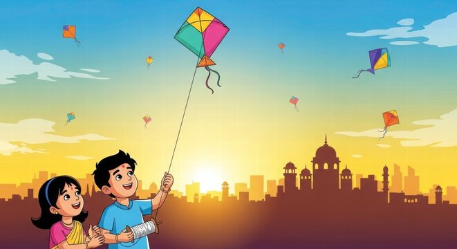 Kite-flying fun at sunset: Two happy children are joyfully flying colorful kites in the warm glow of the setting sun, against a backdrop of a city silhouette.