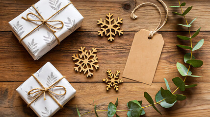 Rustic holiday gift arrangement with white patterned wrapping, wooden snowflakes, eucalyptus sprig, and blank tag on wood surface
