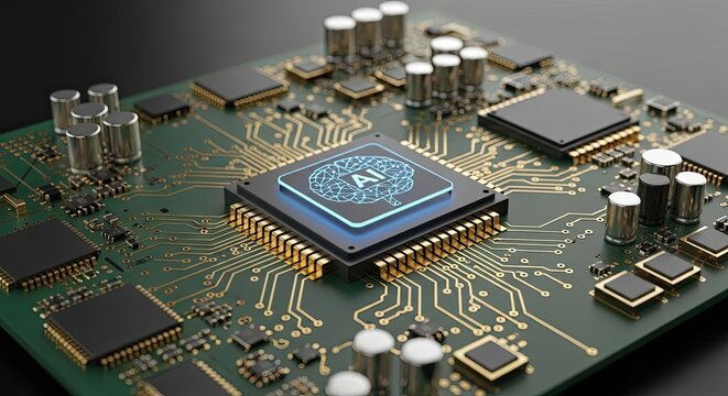 Perspective view of 3D microprocessor circuit with AI core icon