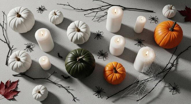 Festive Halloween flat lay with a collection of decorative pumpkins, glowing candles, spider ornaments, and autumn leaves on a light background