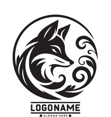 Fototapeta premium A black and white circular logo featuring a stylized fox head in side profile, surrounded by ornamental, flowing leaf or fur patterns.