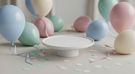 Pastel colored balloons and a white empty cake stand ready for a joyful birthday celebration, baby shower, or festive party scene with confetti