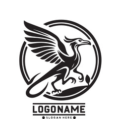 Obraz premium A black and white circular logo featuring the silhouette of a winged, mythological creature, resembling a griffin or phoenix, contained within a double-lined circle outline.