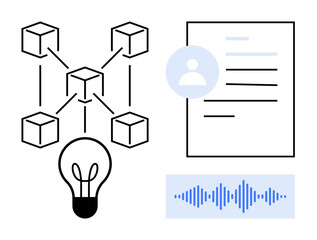 Blockchain diagram, user document with profile icon, sound wave, and light bulb symbolize technology, communication, data, innovation, creativity research digital solutions. Simple flat metaphor