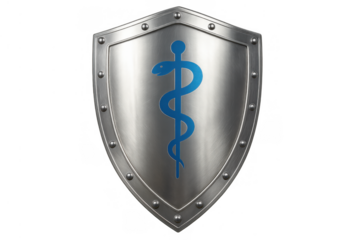 Metal shield protecting health, symbolic healthcare defense, medical safety, and insurance concept with rod of asclepius