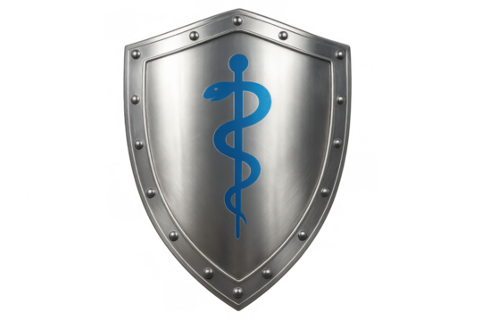Metal shield protecting health, symbolic healthcare defense, medical safety, and insurance concept with rod of asclepius