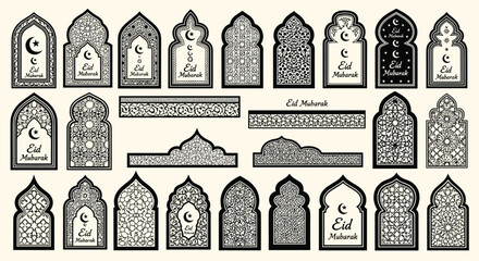 Elegant Eid Mubarak decorative borders and arches perfect for creating invitations and greeting cards for a festive Ramadan celebration, Generative AI.