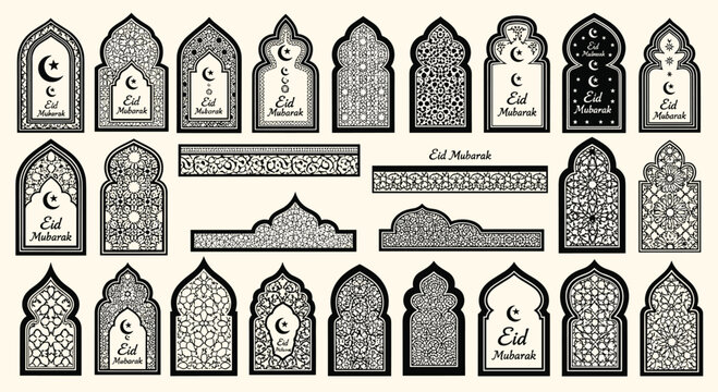 Elegant Eid Mubarak decorative borders and arches perfect for creating invitations and greeting cards for a festive Ramadan celebration, Generative AI.