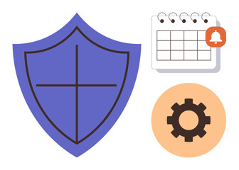 Shield for security, calendar with reminder for planning, and gear for process ideal for security, strategy, productivity, organization, system design, time management, teamwork simple flat metaphor