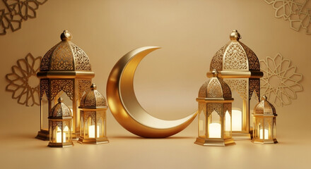 Elegantly Crafted Golden Lanterns and a Lustrous Crescent Moon Create a Captivating Display for a Special Cultural Celebration